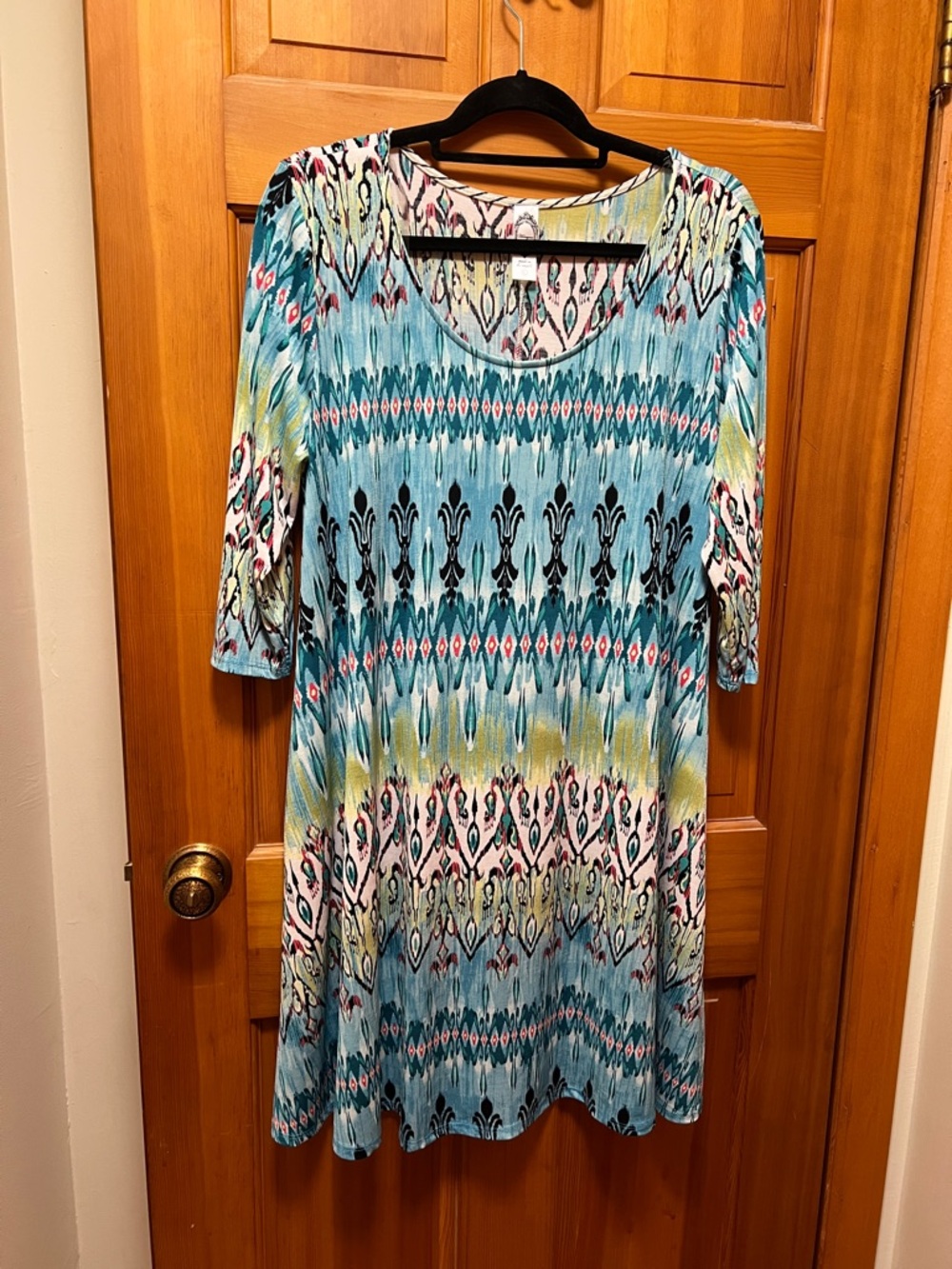 Honeyme Teal Multi-Pattern Scoop Neck Dress